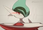  1boy a-nya aqua_hair arm_blade arm_up artist_name blurry blurry_foreground cardiogram closed_mouth commentary_request expressionless eye_trail gallade green_hair grey_background hair_over_one_eye light_trail looking_at_viewer male_focus mega_gallade mega_pokemon mohawk multicolored_hair one_eye_covered pokemon pokemon_(creature) red_eyes short_hair signature solo twitter_username two-tone_hair upper_body weapon 