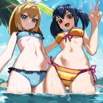  2girls :d bikini black_hair blonde_hair blue_eyes breasts brown_eyes fang frown hair_ribbon looking_at_viewer medium_breasts multiple_girls navel nikunopengin ocean original palm_tree partially_submerged ribbon short_twintails side-tie_bikini_bottom small_breasts smile swimsuit tree twintails v water wet 