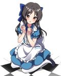  1girl :o absurdres alice_(alice_in_wonderland) alice_(alice_in_wonderland)_(cosplay) alice_in_wonderland apron black_hair blue_bow blue_bowtie blush bow bowtie checkered_floor cosplay dress hair_bow highres idolmaster idolmaster_cinderella_girls kneeling long_hair looking_at_viewer mary_janes name_connection panties pinafore_dress puffy_short_sleeves puffy_sleeves shoes short_sleeves sleeveless sleeveless_dress solo tachibana_arisu underwear waist_apron white_panties zaza_(zahaoming) 