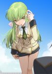  1girl ashford_academy_school_uniform belt black_skirt blue_sky blurry blurry_foreground breasts brown_jacket buttons c.c. cloud code_geass collared_shirt commentary_request creayus day depth_of_field double-breasted fingernails green_hair green_necktie hair_between_eyes hand_up jacket leaning_forward long_hair long_sleeves looking_to_the_side medium_breasts miniskirt necktie open_mouth school_uniform shirt skirt skirt_tug sky white_shirt yellow_eyes 