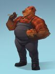  1boy bara beanie big_belly capybara_boy chest_tuft facial_hair farmer food fruit full_body furry furry_male goatee happy hat highres holding holding_food holding_fruit large_pectorals looking_away male_focus mature_male muscular muscular_male original pants pectorals pun racesolar shennong_(housamo) shoes short_hair solo stalk standing thick_eyebrows thighs v-shaped_eyebrows 