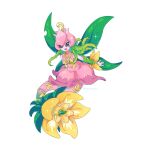  1girl detached_sleeves digimon digimon_(creature) dress fairy flower full_body green_sleeves hair_vines highres leaf_wings lilimon looking_at_viewer mermaid monster_girl open_mouth petals pink_dress pink_tail plant plant_girl roccoco_co simple_background solo white_background yellow_flower 