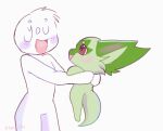  ambiguous_gender animated anthro blush carrying dangling duo excited feral generation_9_pokemon green_body green_markings humanoid markings nintendo noarustar open_mouth pokemon pokemon_(species) red_eyes smile sprigatito tail tail_motion tailwag ych_(character) 