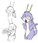  anthro antlers bedfellows fatigue food fur gesture hair hi_res horn jackalope lagomorph looking_at_viewer looking_down male mammal multiple_images niboshi_c open_mouth purple_body purple_fur shrug simple_background smile solo standing tail 