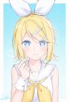  1girl absurdres blonde_hair blue_eyes bow commentary commentary_request hair_bow hair_ornament hairpin heart highres kagamine_rin kutatsu_(kutatsu7) multiple_hairpins neckerchief sailor_collar shirt sleeveless sleeveless_shirt solo vocaloid vocaloid_(sour-type_ver) white_bow white_sailor_collar white_shirt yellow_neckerchief 