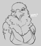  2023 accipitrid accipitriform anthro arm_tuft artist_name avian bald_eagle beak big_breasts bird breasts bust_portrait cleavage cleavage_overflow clothed clothing dated digital_drawing_(artwork) digital_media_(artwork) eagle eyelashes eyelids feather_tuft feathers female fluffy glistening glistening_eyes greyscale head_tuft hi_res long_eyelashes looking_at_viewer monochrome neck_tuft non-mammal_breasts open_mouth open_smile portrait sea_eagle shirt sigma-d smile smiling_at_viewer solo t-shirt text topwear tuft white_text 