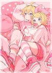  1boy 1girl :t absurdres ahoge arm_around_shoulder bed_sheet blonde_hair blue_eyes bow character_name double_vertical_stripe doughnut earphones eating food foreshortening hair_between_eyes hair_bow hair_ornament hairclip highres holding holding_doughnut holding_food holding_phone hug hugging_object in_cell kagamine_len kagamine_rin kneehighs looking_at_object looking_at_phone lying on_back on_side pants phone pillow pillow_hug pink_bow pink_footwear pink_pants pink_pillow pink_polka_dots pink_pupils pink_shorts pink_socks pink_sweater pink_theme plaid_pillow polka_dot sazanami_(ripple1996) shared_earphones shoes short_hair shorts sneakers socks spiked_hair striped striped_socks sweater swept_bangs vocaloid 