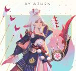  animal_ears armor arrow_(projectile) artist_name bow_(weapon) cowboy_shot dress ears_down facial_mark forehead_mark hakurou_(onmyoji) highres holding holding_bow_(weapon) holding_weapon japanese_armor long_tail looking_to_the_side low_tied_sidelocks onmyoji parted_lips pink_dress ponytail quiver shoulder_armor tail weapon white_hair wolf_ears wolf_girl wolf_tail yellow_eyes yi_er_san 