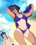  1boy 1girl absurdres beach bikini black_hair blood blue_hair blush clothes_removed commission commissioner_upload earrings fire_emblem fire_emblem:_genealogy_of_the_holy_war fire_emblem_heroes heart heart-shaped_pupils highres iaurencin jewelry larcei_(fire_emblem) looking_at_another looking_to_the_side navel nipples nosebleed ocean one_eye_closed open_mouth seliph_(fire_emblem) smile swimsuit symbol-shaped_pupils tan tanlines thighs thumbs_up 