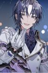  1boy blue_background gloves grey_background headset highres idolish7 izumi_iori jacket looking_at_viewer male_focus outstretched_hand purple_eyes purple_hair purple_shirt shirt short_hair smile solo tamotui7 teeth white_gloves white_jacket 
