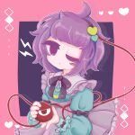 1girl :o absurdres ahoge black_bow black_bowtie black_hairband blue_shirt bow bowtie buttons collared_shirt commentary frilled_shirt_collar frilled_skirt frills hair_ornament hairband hands_up heart heart_button heart_hair_ornament highres holding komeiji_satori lightning_bolt_symbol long_sleeves looking_at_viewer noreazon41 one_eye_closed pink_skirt purple_eyes purple_hair red_eyes shirt short_hair skirt sleeve_cuffs solo third_eye touhou twitter_username upper_body 