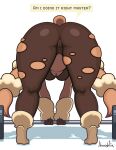  2023 absurd_res anthro artist_name barbell bent_over breasts butt camel_toe dialogue english_text female hi_res jhenightfox long_ears mega_evolution mega_lopunny nintendo pokemon pokemon_(species) rear_view solo speech_bubble text weights 