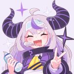  1girl alternate_costume anger_vein ascot black_horns bottle braid braided_bangs collar fang grey_hair highres hololive horns la+_darknesss la+_darknesss_(1st_costume) liquid-in-glass_thermometer long_hair metal_collar multicolored_hair otsuri_8yen pointy_ears purple_hair skin_fang streaked_hair striped_horns thermometer tongue tongue_out v virtual_youtuber water_bottle yellow_ascot 