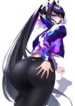  1girl absurdres ass bare_arms black_hair black_mask blue_eyes colored_inner_hair goddess_of_victory:_nikke highres leggings long_hair looking_at_viewer mask multicolored_hair pants rinrin_kai sin_(nikke) solo sports_bra tight_clothes tight_pants yoga_pants 