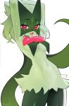  absurd_res anthro breasts female fur generation_9_pokemon green_body green_fur green_hair hair hands_behind_head hi_res looking_at_viewer medium_breasts meowscarada nintendo open_mouth pokemon pokemon_(species) re1akko red_eyes simple_background solo 