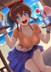  1girl beach bikini blue_eyes blush bow breasts brown_hair collarbone hair_bow hair_ribbon highres holding idolmaster idolmaster_million_live! idolmaster_million_live!_theater_days kamille_(vcx68) looking_at_viewer medium_breasts open_mouth ponytail red_bikini ribbon satake_minako solo swimsuit 