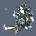  ankle_socks black_hair black_kimono bright_pupils character_name fingernails full_body gigi_(amemihomaru) grey_background grey_eyes horns japanese_clothes kimono mask oni_mask onmyoji pale_skin sandals single_horn sitting smile socks white_pupils white_socks zashiki_warashi_(onmyoji) 