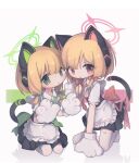  2girls animal_ear_headphones animal_ears animal_hands apron blonde_hair blue_archive blush bow cat_tail collared_shirt fake_animal_ears fox_kikumi frilled_apron frills gloves green_bow green_eyes green_halo green_necktie hair_bow halo headphones highres midori_(blue_archive) momoi_(blue_archive) multiple_girls necktie open_mouth paw_gloves pink_halo red_bow red_eyes red_necktie shirt short_hair siblings simple_background sisters tail thighhighs twintails white_apron white_background white_gloves white_shirt white_thighhighs 