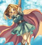  1girl arm_behind_head arm_up barbara_(dq6) bare_legs belt black_gloves blue_dress blue_sky breasts brown_socks cape cloud cloudy_sky commentary_request day dragon_quest dragon_quest_vi dress earrings elbow_gloves foot_out_of_frame gloves high_ponytail highres jewelry large_breasts long_hair looking_at_viewer macho_ojiji open_mouth orange_hair purple_eyes red_cape short_sleeves sky socks solo teeth upper_teeth_only 