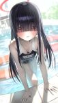  1girl absurdres alternate_costume black_hair black_one-piece_swimsuit blue_archive blunt_bangs blurry blurry_background blush breasts commentary_request eyes_visible_through_hair hair_over_eyes halo hidulume highres hime_cut innertube justice_task_force_member_(blue_archive) leaning_forward leg_up long_hair looking_at_viewer one-piece_swimsuit outdoors parted_lips poolside red_eyes red_halo small_breasts solo swimsuit trinity_general_school_swimsuit water wet 
