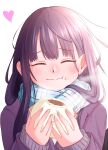  1girl absurdres baozi black_hair blue_scarf boku_no_kokoro_no_yabai_yatsu cardigan closed_eyes closed_mouth eating food food_on_face heart highres holding holding_food long_hair purple_cardigan sacra_(sacrabokuyaba) scarf solo steam yamada_anna 