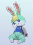  animal_crossing anthro apluss balls blonde_hair blue_body blue_eyes blue_fur flaccid fur genitals girly hair hands_on_ground happy hi_res jacket_only lagomorph leporid looking_at_viewer lying lying_on_ground male mammal nintendo on_back penis rabbit sasha_(animal_crossing) simple_background solo spread_legs spreading 