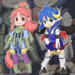  2girls ahoge blue_eyes blue_hair blue_skirt bow brown_footwear cape chibi closed_mouth crescent crescent_hair_ornament dress full_body gloves green_gloves hair_between_eyes hair_bow hair_ornament holding holding_sword holding_weapon loafers long_hair long_sleeves looking_at_viewer loose_socks millie_chliette multiple_girls nijibashiri pink_eyes pink_hair pink_thighhighs pointy_ears ponytail red_cape rena_lanford shirt shoes short_hair signature skirt smile socks standing star_ocean star_ocean_first_departure star_ocean_the_second_story sword tail thighhighs turtleneck weapon white_shirt white_thighhighs 