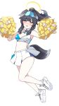  1girl animal_ears arms_up bare_shoulders black_hair blue_archive blush breasts cheerleader clothes_writing crop_top dog_ears dog_girl dog_tail eyewear_on_head full_body hibiki_(blue_archive) hibiki_(cheerleader)_(blue_archive) highres holding holding_pom_poms long_hair looking_at_viewer midriff miniskirt navel official_alternate_costume open_mouth p03145 pleated_skirt pom_pom_(cheerleading) ponytail shirt shoes simple_background skirt sleeveless small_breasts sneakers solo star_sticker sunglasses tail text_print white_background white_footwear white_skirt 
