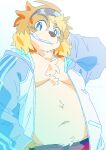  anthro belly blue_eyes bottomwear canid canine canis clothed clothing domestic_dog eyewear fur grin hi_res hisaki_(live_a_hero) jacket lifewonders live_a_hero looking_at_viewer male mammal navel open_clothing open_jacket open_topwear ottyo_kope shorts slightly_chubby smile solo sunglasses topwear yellow_body yellow_fur 