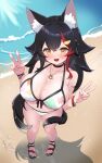  1girl animal_ear_fluff animal_ears beach bikini black_hair blue_sky blush breasts cleavage double_v front-tie_bikini_top front-tie_top hair_ornament hairpin highres hololive kani_bonara large_breasts leaf_print looking_at_viewer maple_leaf_print multicolored_hair no_shirt official_alternate_costume ookami_mio ookami_mio_(hololive_summer_2019) open_mouth print_bikini red_hair sand side-tie_bikini_bottom sky smile solo streaked_hair swimsuit tail tail_around_own_leg tail_wrap v virtual_youtuber water wolf_ears wolf_girl wolf_tail 