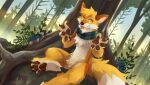  4_toes anthro black_claws blonde_hair brown_pawpads canid cheek_tuft chest_tuft claws crotch_tuft facial_tuft feet finger_claws fingerpads fur hair hi_res kuttoyaki ley_(leey) looking_at_viewer male mammal orange_body orange_eyes orange_fur outside pawpads paws plant scarf sitting solo toe_claws toes tree tuft white_body white_fur yellow_body yellow_fur 