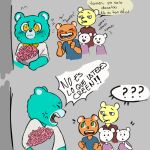  2023 achuchones_(unicorn_wars) anthro bear blue_body blush clothing coco_(unicorn_wars) comic dialogue dot_eyes flower gemelos_mimosin group hi_res mammal nekovid nervous orange_body plant shirt smoking sonrisas_(unicorn_wars) spanish_text text topwear unicorn_wars yellow_body 