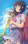  1girl 3s black_hair blue_skirt day fence hibike!_euphonium highres holding holding_instrument instrument kitauji_high_school_uniform kousaka_reina leaning_back looking_at_viewer neckerchief outdoors parted_lips pink_neckerchief purple_eyes school_uniform serafuku shirt skirt sky solo trumpet white_shirt wind wooden_fence 