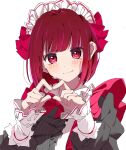  1girl arima_kana blush bob_cut closed_mouth happy heart heart_hands highres inverted_bob irukaneko lace_trim maid maid_headdress oshi_no_ko red_eyes red_hair red_ribbon ribbon short_hair smile white_background 