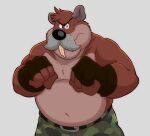  2023 absurd_res anthro belly black_nose bottomwear brok_the_investigator clothing cricetid facial_hair hi_res humanoid_hands male mammal mature_male mezasalvador muskrat mustache overweight overweight_male pants rodent simple_background solo tramp_(brok_the_investigator) 