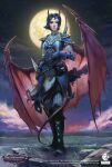  absurd_res armor arueshalae blue_armor clothing demon demon_humanoid digital_media_(artwork) female full_moon gloves grass handwear hi_res horn humanoid looking_at_viewer mark_hretskyi membrane_(anatomy) membranous_wings moon night not_furry official_art outside pathfinder pathfinder:_wrath_of_the_righteous plant quiver solo standing star tail wings 