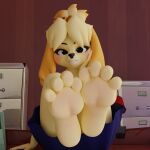  2023 3d_(artwork) 4_toes animal_crossing anthro canid canine canis clothing digital_media_(artwork) domestic_dog eyebrows eyelashes feet female foot_focus hair hi_res isabelle_(animal_crossing) looking_at_viewer mammal nintendo shih_tzu smile soles solo toes toy_dog twintails3d 