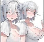  1girl absurdres azur_lane blush breasts cleavage closed_mouth collarbone empty_eyes freng grey_eyes grey_hair hair_bun hiccup highres jade_(azur_lane) large_breasts looking_at_viewer mole mole_under_eye multiple_views open_mouth saliva saliva_trail shirt short_hair simple_background solo sweat swept_bangs t-shirt 