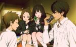  2boys 2girls :d artist_logo black_hair breast_pocket brown_eyes brown_hair can chitanda_eru fukube_satoshi green_eyes happy highres holding holding_can hyouka ibara_mayaka indoors kneehighs long_hair looking_at_another mery_(yangmalgage) multiple_boys multiple_girls open_mouth oreki_houtarou parted_bangs pocket profile purple_eyes school_uniform serafuku shirt short_hair sitting smile socks white_socks 