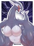  3:4 absurd_res anthro biped black_body border breasts featureless_breasts female hi_res legendary_pokemon navel nintendo open_mouth pokemon pokemon_(species) red_eyes shadow_lugia shadow_pokemon shiryujack08 simple_background solo white_body white_border 