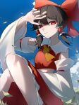  1girl 33_gaff absurdres arm_up bare_shoulders day detached_sleeves feet_out_of_frame hakurei_reimu highres knees_together_feet_apart long_sleeves midriff navel outdoors sitting skirt skirt_set sky solo touhou wide_sleeves 