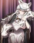  1girl animal_ear_fluff animal_ears arknights blush braid dress grey_eyes grey_hair grey_thighhighs hair_between_eyes hugging_own_tail hugging_tail leopard_ears leopard_girl leopard_tail long_hair long_sleeves pramanix_(arknights) shironekoban side_braids sitting solo spotted_tail tail thighhighs turtleneck_dress twin_braids very_long_hair watch white_dress white_hair wristwatch 