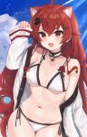  1girl absurdres ahoge animal_ears baba_kirika bare_shoulders bell bikini breasts choker commentary_request cowboy_shot eris_greyrat hair_between_eyes highres jacket long_hair looking_at_viewer mushoku_tensei navel neck_bell open_clothes open_jacket open_mouth red_eyes red_hair side-tie_bikini_bottom small_breasts smile solo string_bikini swimsuit thick_eyebrows white_bikini 