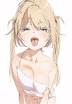  1girl bare_shoulders blonde_hair blue_eyes breasts camisole cleavage collarbone cowboy_shot crop_top highres large_breasts leaning_forward long_hair looking_at_viewer narrowed_eyes open_mouth original sketch solo strap_slip tongue tongue_out twintails usurai_rairai white_camisole 