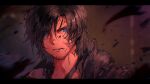  1boy black_hair black_jacket blood blood_on_face blue_eyes blurry blurry_foreground clive_rosfield facial_hair final_fantasy final_fantasy_xvi hair_between_eyes highres jacket letterboxed looking_at_viewer male_focus messy_hair parted_lips pudding49500 short_hair solo stubble upper_body 