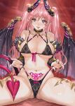  1girl ass bikini black_bikini blue_eyes breasts cleavage commentary_request covered_nipples demon_girl demon_tail demon_wings hair_between_eyes heart heart-shaped_pupils highres long_hair looking_at_viewer navel original photoshop_(medium) pink_hair pointy_ears pubic_tattoo ran&#039;ou_(tamago_no_kimi) sitting smile solo spread_legs swimsuit symbol-shaped_pupils tail tattoo teeth tongue tongue_out twintails wings 
