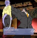  2023 3_horns absurd_res adult_swim anthro athletic athletic_human athletic_male auditorium black_hair black_tie_(suit) cartoon_network ceratopsian clothing dialogue digital_drawing_(artwork) digital_media_(artwork) dinosaur dragon_ball dragon_ball_z duo english_text eyewear female fingers frill_(anatomy) glasses goodbye_volcano_high hair hi_res holding_up holding_up_other_character hoodie horn human inside kratos_rising leggings legwear light-skinned_male light_body light_skin long_tail male mammal multi_horn muscular muscular_human muscular_male necktie offscreen_character ornithischian photo_background photography_(artwork) primal_(series) principal_spears profanity purple_body purple_hair purple_scales reptile scales scalie short_hair snoot_game_(fan_game) suit tail text topwear triceratops trish_(gvh) 