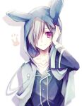  1bitheart 1boy aisaka_mikado animal_ears aqua_hair blue_shirt fake_animal_ears fujikawa_(honomayu) green_hood hair_over_one_eye hand_on_own_head hood hood_up long_sleeves male_focus numbered one_eye_covered pink_eyes rabbit_ears shirt solo tattoo white_background 