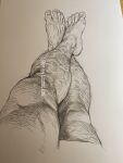  1boy absurdres bara from_above graphite_(medium) hairy highres knees leg_hair lionglede lower_body male_focus muscular muscular_male nude original photo_(medium) pov solo thighs traditional_media veiny_feet 