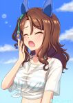  1girl animal_ears blue_sky brown_hair ear_covers hair_between_eyes horse_ears horse_girl king_halo_(umamusume) open_mouth seki_(hyokosho) sky solo tracen_swimsuit umamusume upper_body wavy_hair yawning 